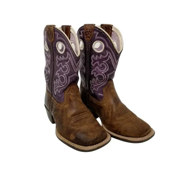 Ariat Kid's Brown Purple Leather Square Toe Mid-Calf Western Boots Size US 10 - Picture 3 of 12